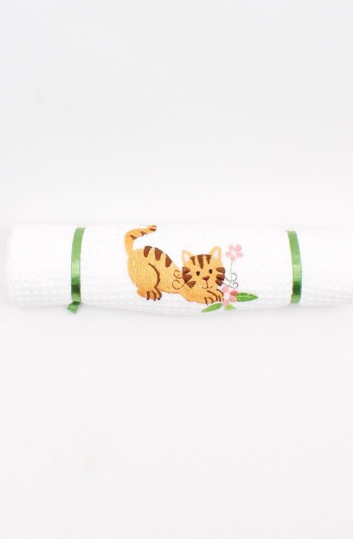 Embroidered cotton waffle weave tea towel 'kitten' Code : T/T-EMB/KIT image 0